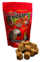 Harrison's Bird Foods emballage avant montrant nuggies biologiques et bénéfice nutritionnel