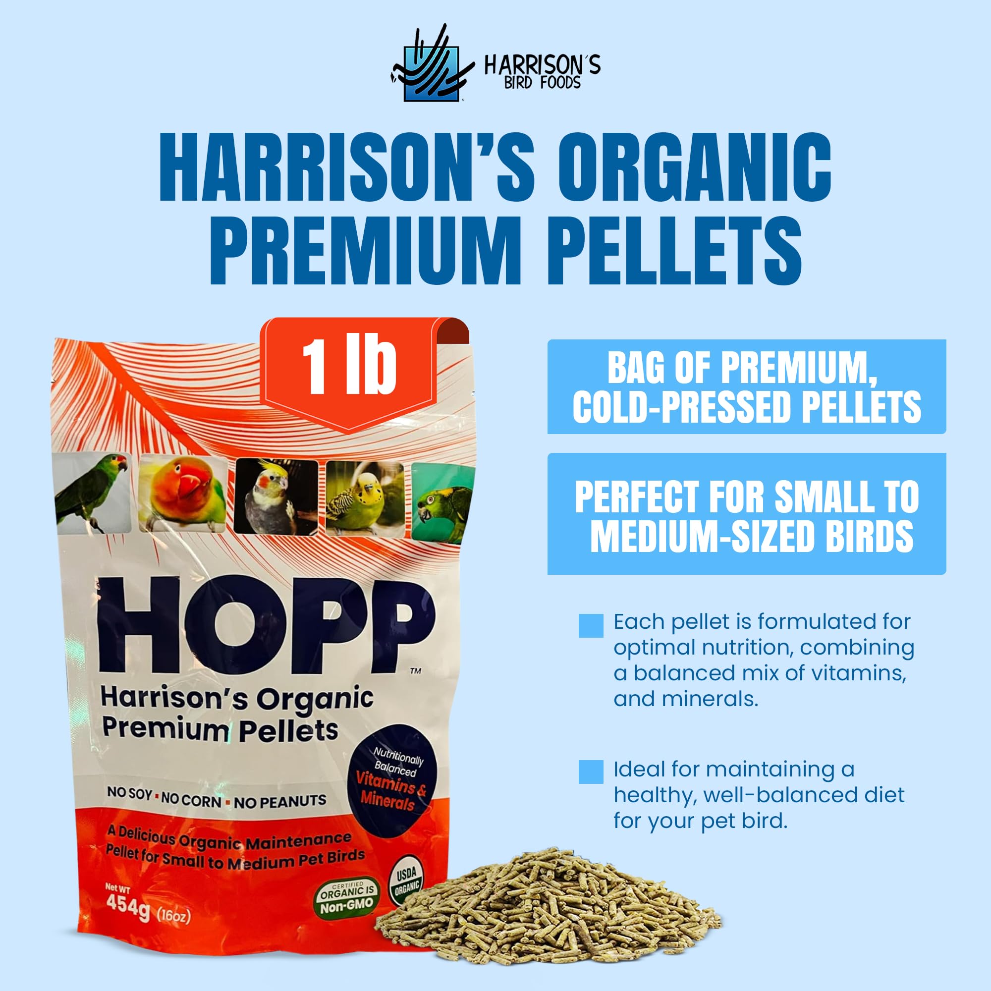 détail de l’étiquette Harrison's HOPP avec certifications biologiques visibles et garanties