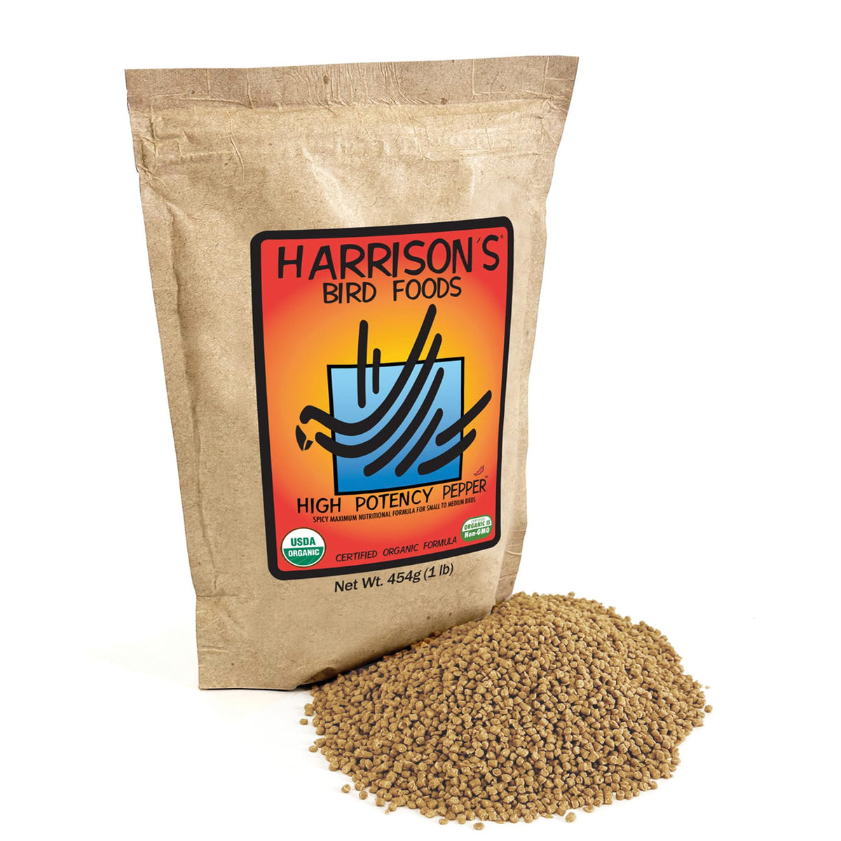 Harrison's Bird Foods emballage face, visibilité de la marque et bénéfice qualité