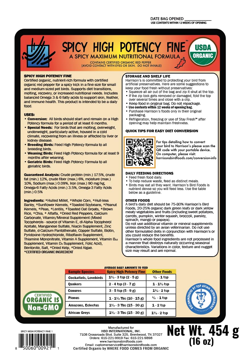 Harrison's Bird Foods labels bio et non‑OGM, preuve de confiance