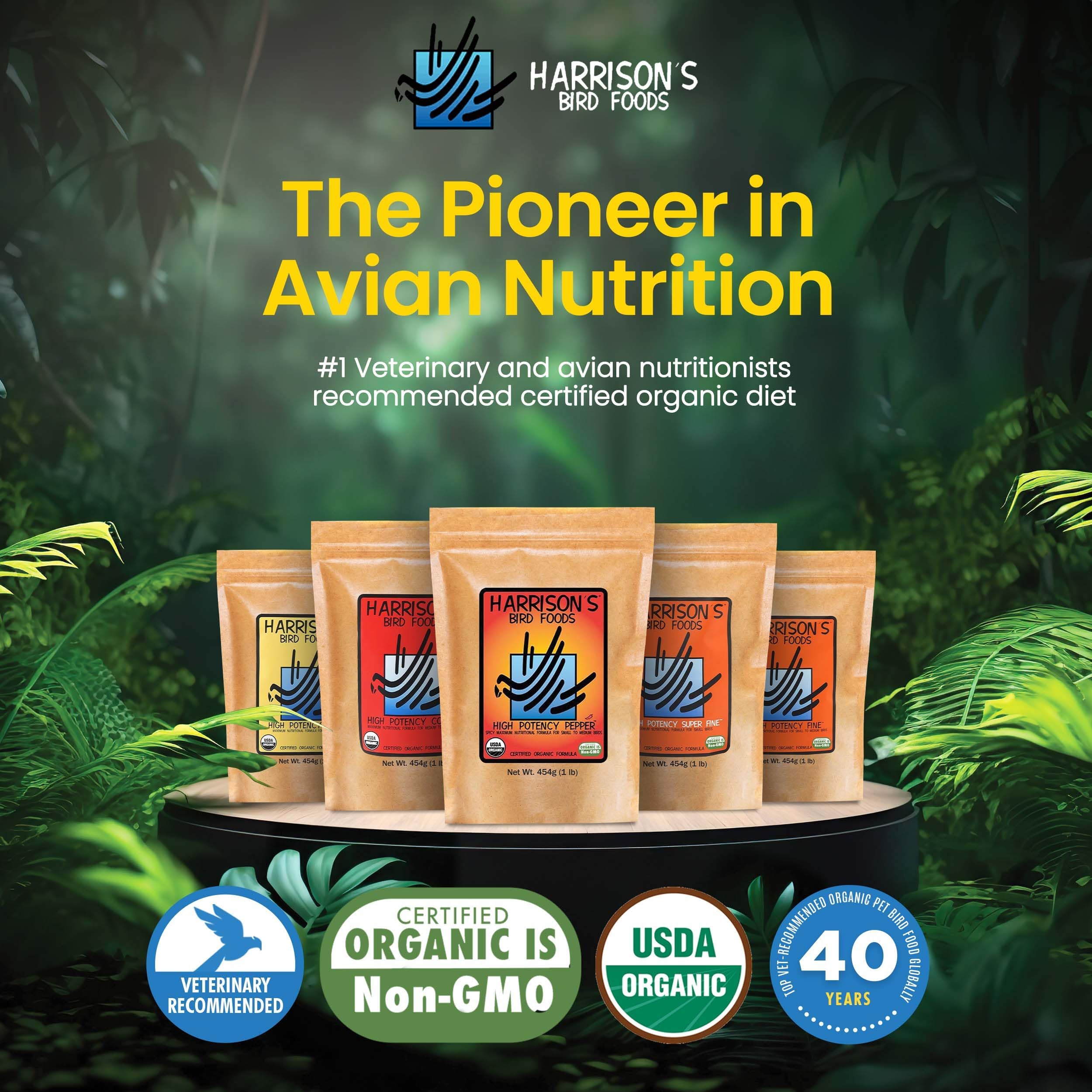 Harrison's Bird Foods granulométrie fine en gros plan, facilite ingestion