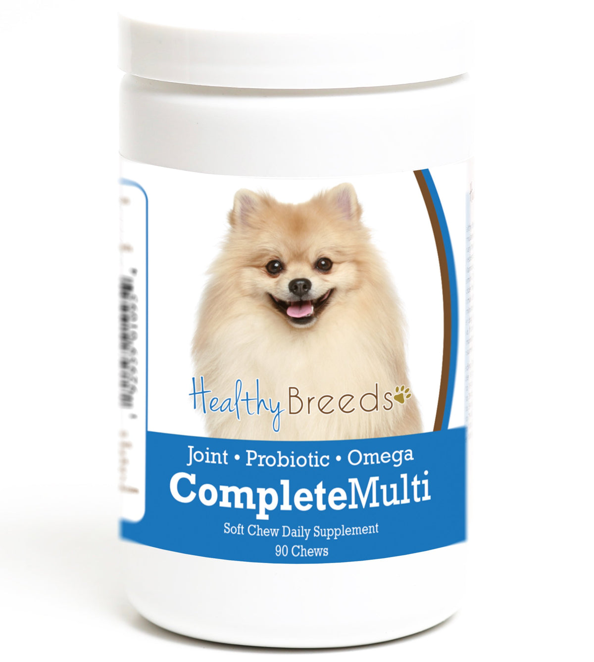 Healthy Breeds packaging frontal montrant chews et bénéfices pour santé