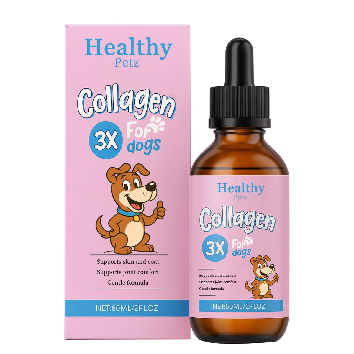 Healthy Petz flacon face montrant l'étiquette et un format pratique