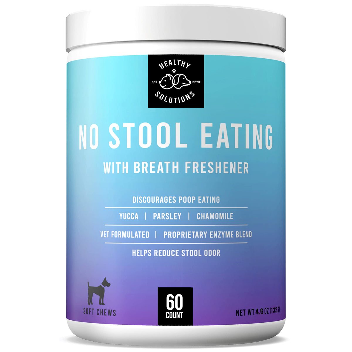 Healthy Solutions emballage avant montrant 60 soft chews et bénéfice anti-coprophagie