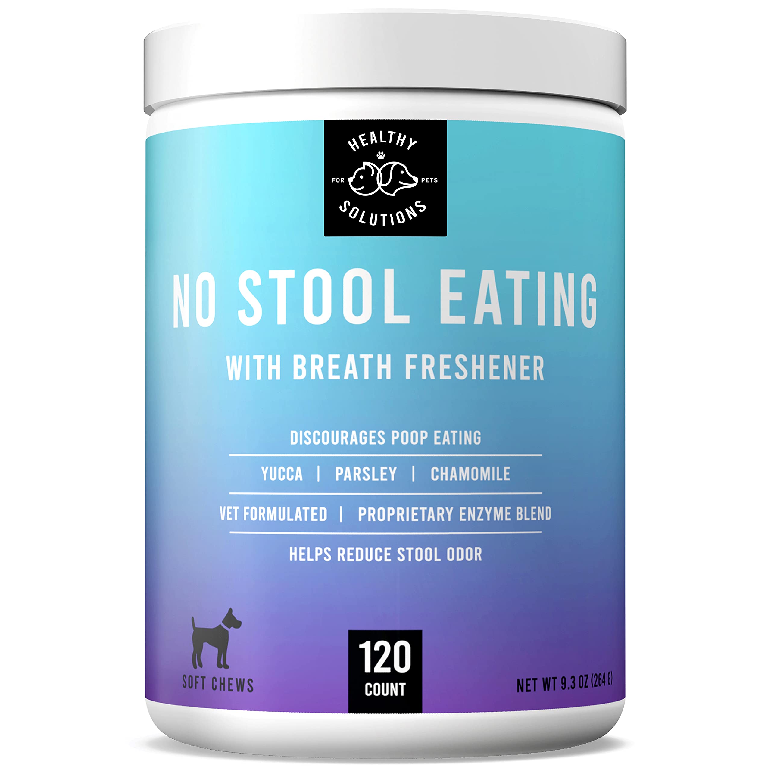 Healthy Solutions emballage avant montrant 120 soft chews et bénéfice anti-coprophagie
