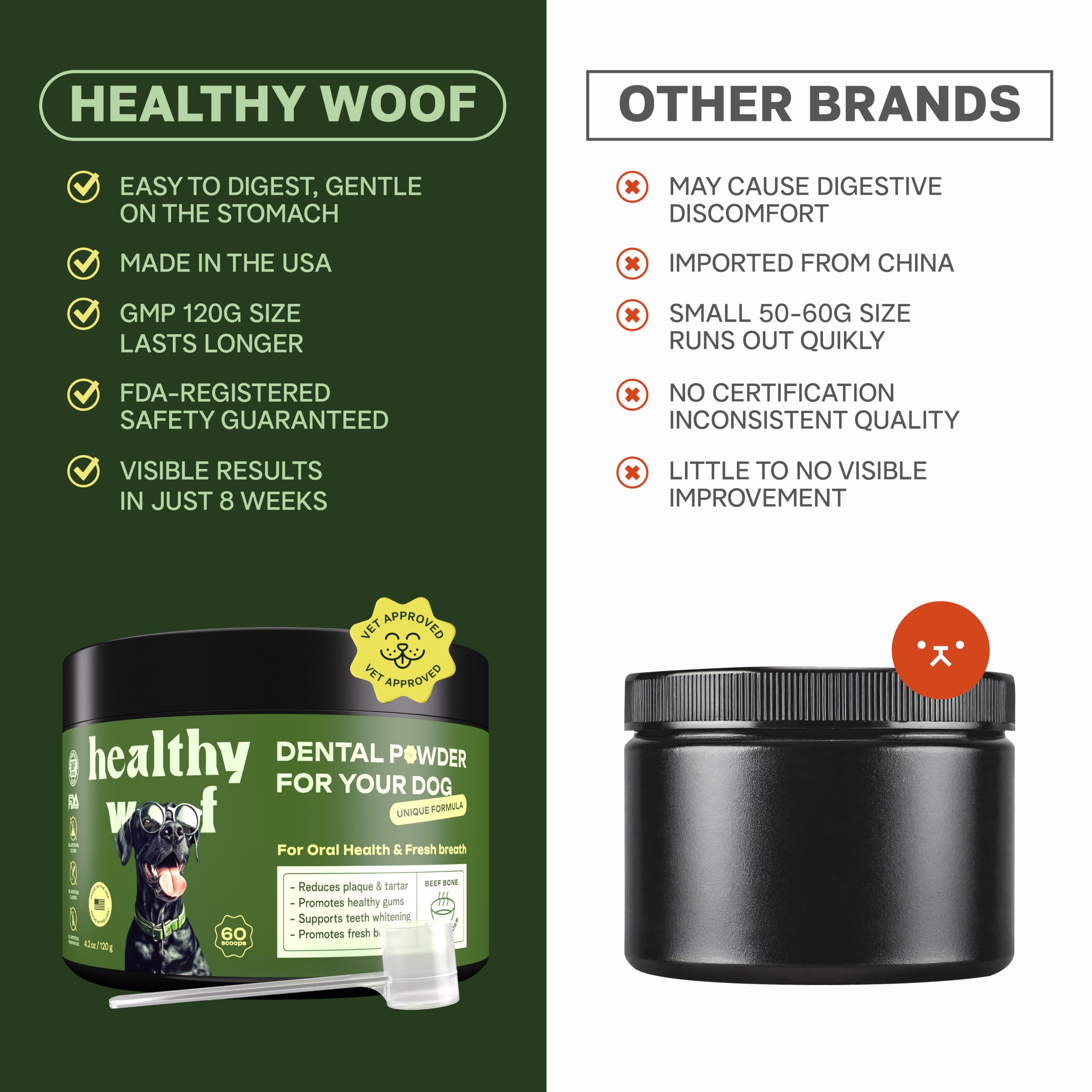Healthy Woof comparaison d’échelle montrant le pot et la portion