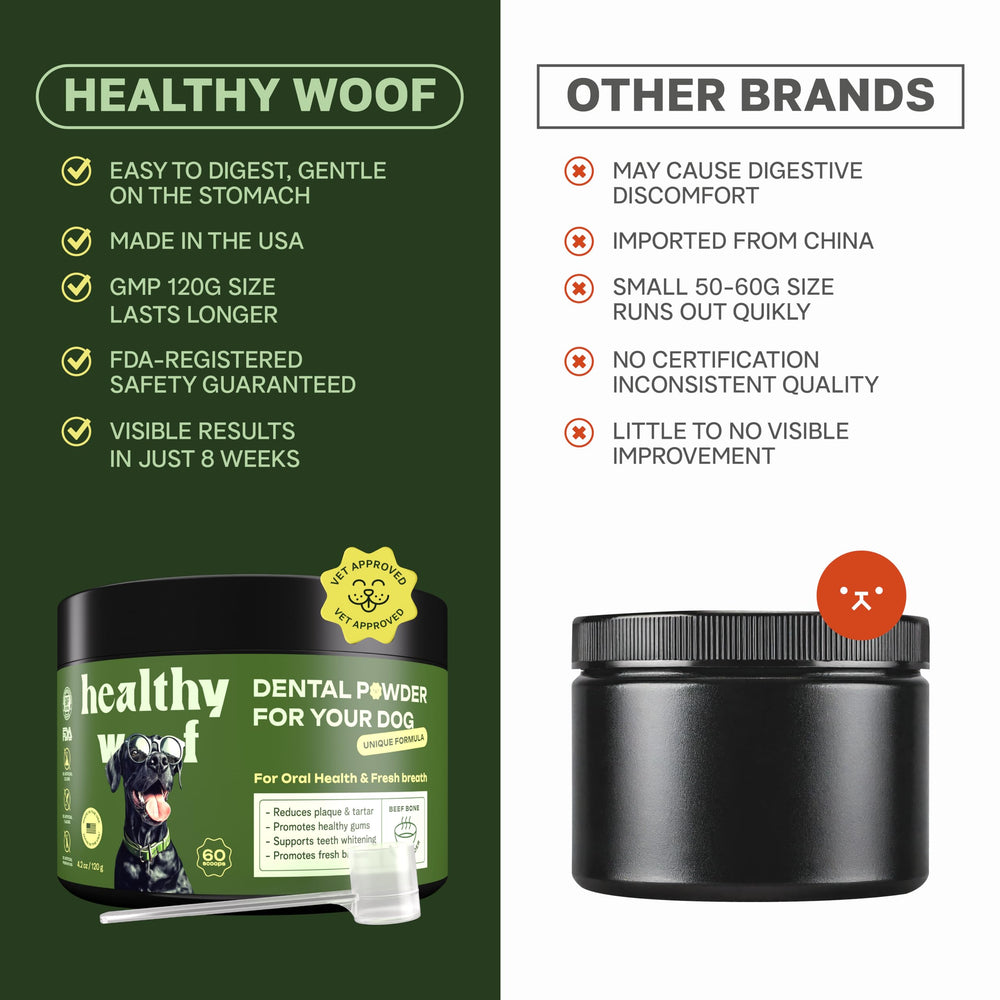 Healthy Woof comparaison d’échelle montrant le pot et la portion