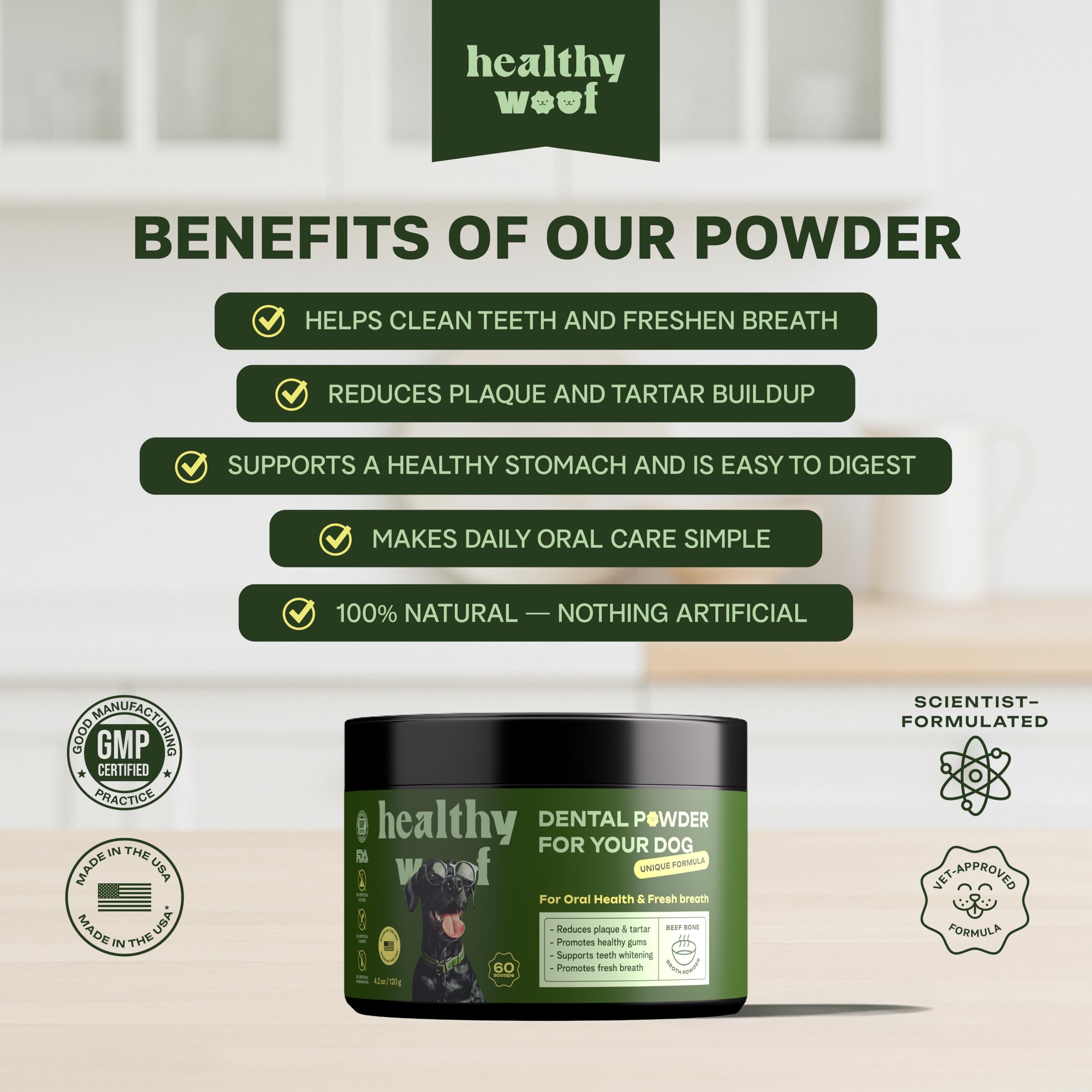 Healthy Woof gros plan de la texture poudreuse pour application facile