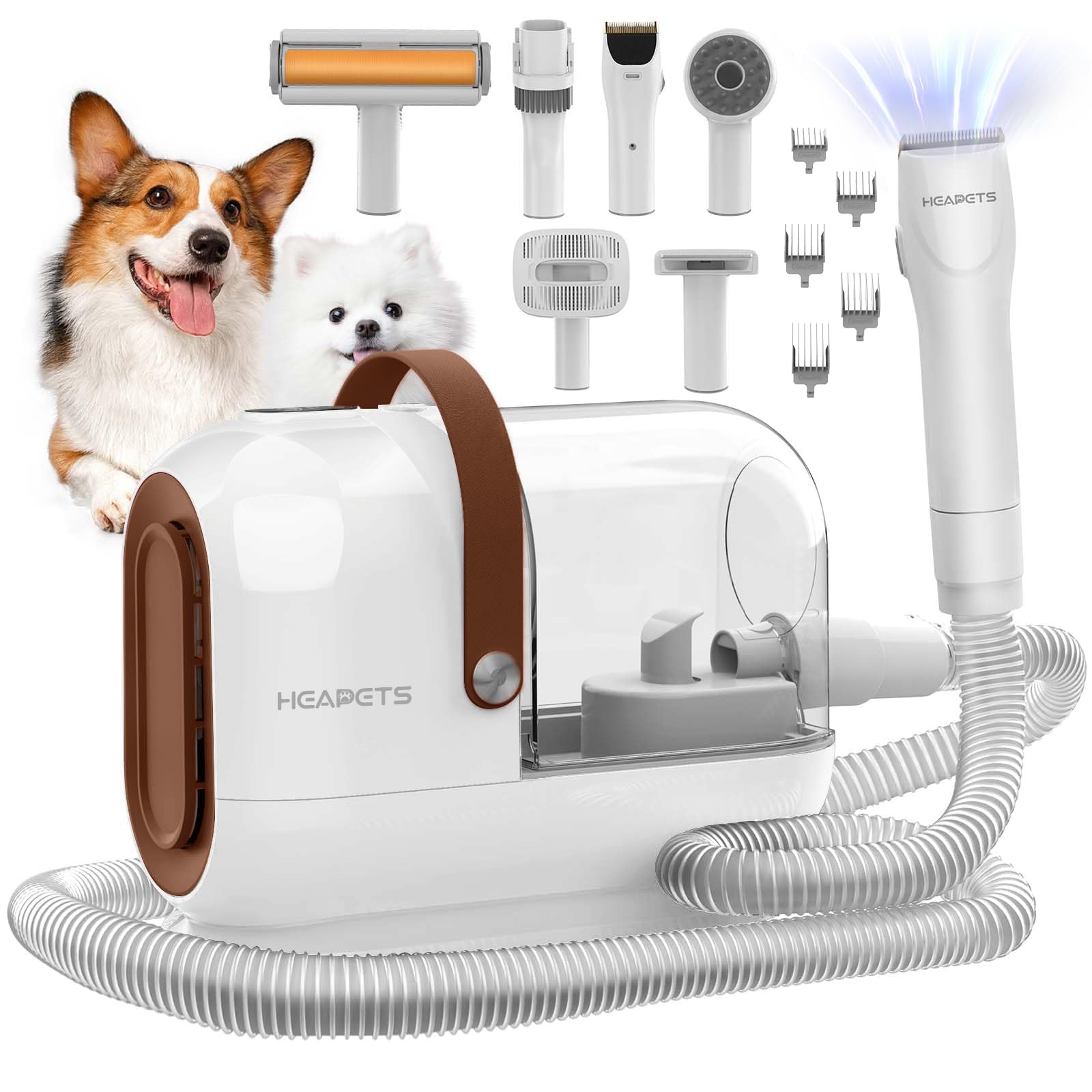 HEAPETS vue frontale du kit blanc montrant la tondeuse et accessoires, rangement simplifié