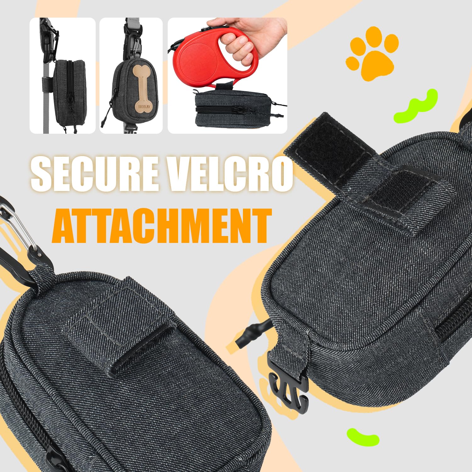 Heelay comparaison taille montrant un rouleau de sacs, clés et friandises à l'intérieur
