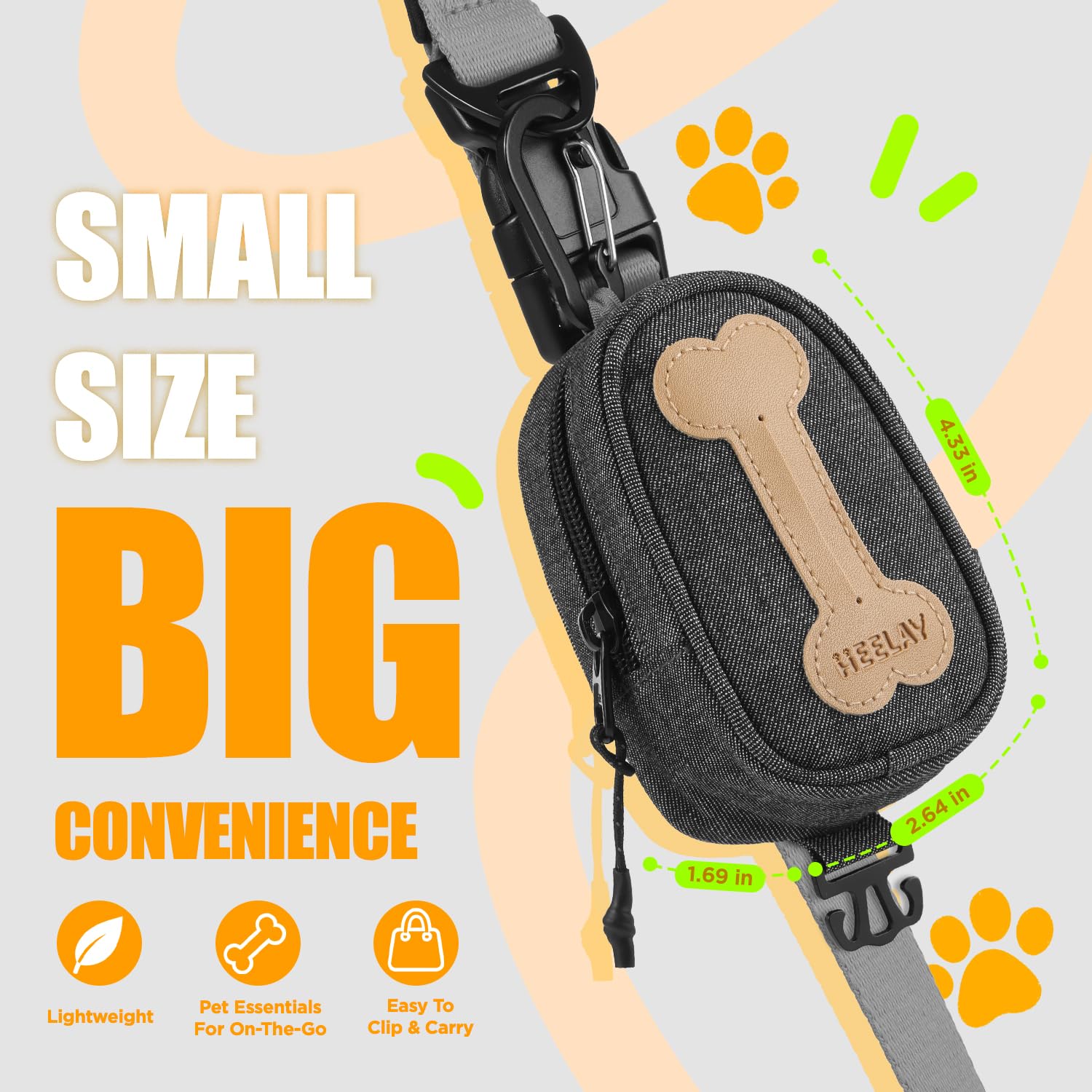 Heelay attaché à une laisse via mousqueton et velcro pour promenades mains libres