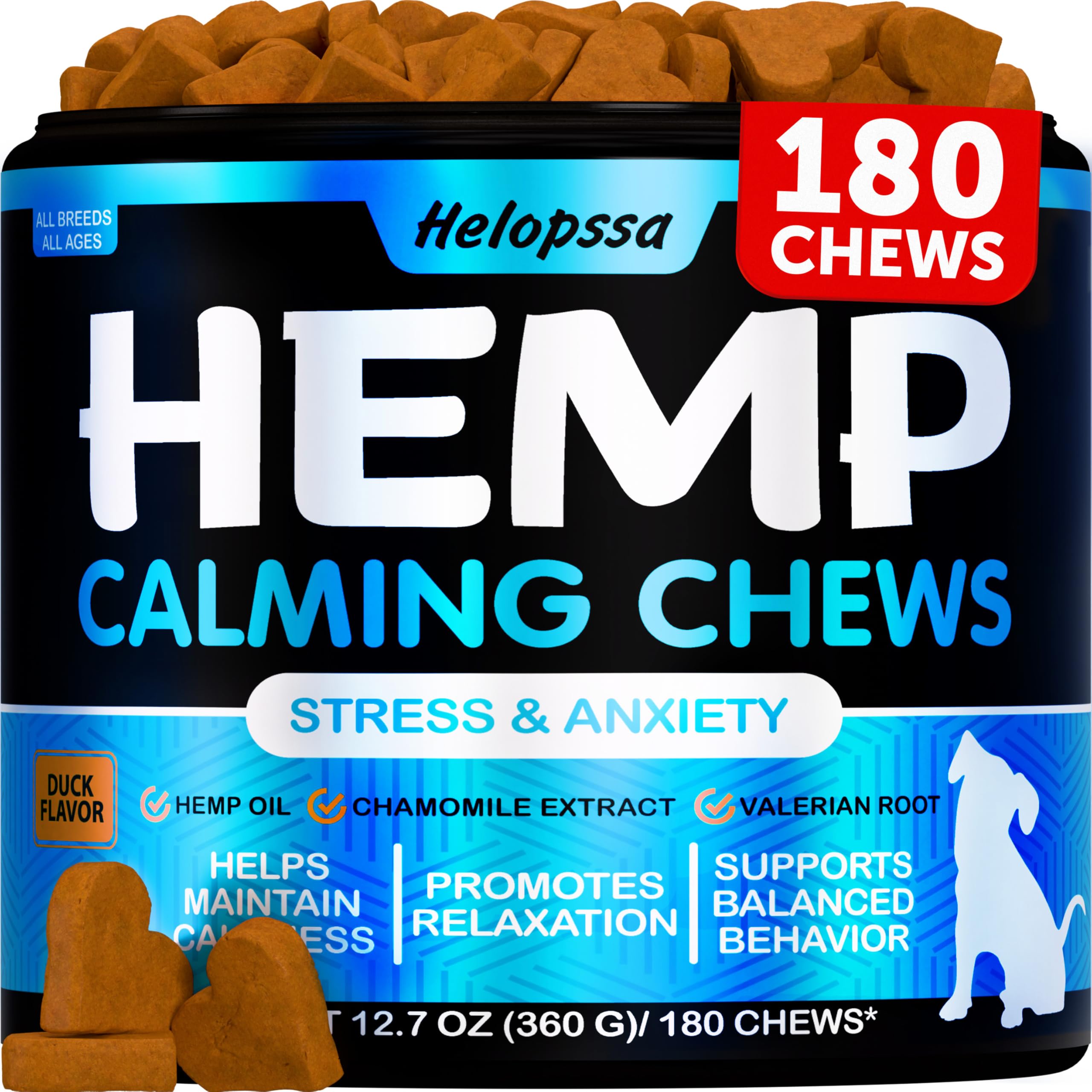 Helopssa packaging avant montrant 180 friandises apaisantes pour facilité d'utilisation