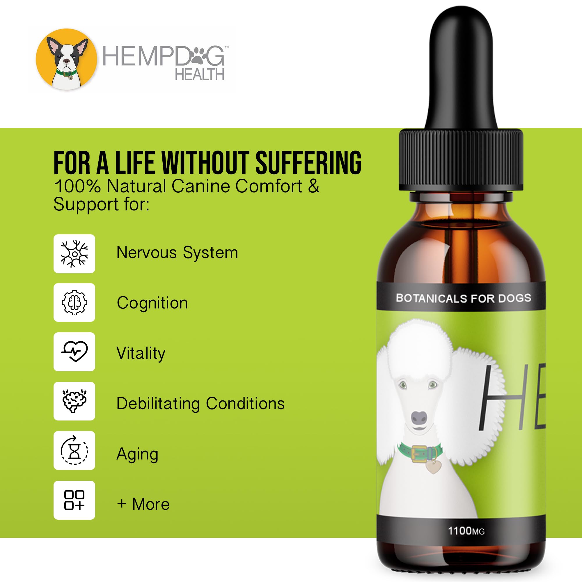 Hemp Dog Health bouteille comparée à une main pour évaluer taille