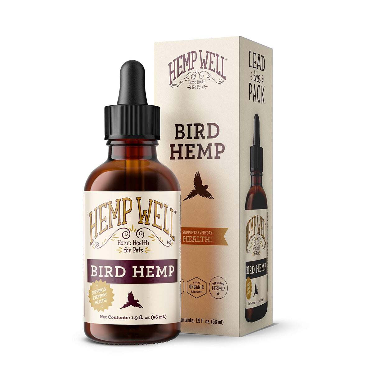Hemp Well bouteille face montrant l'huile de chanvre, bénéfice brillance plumes