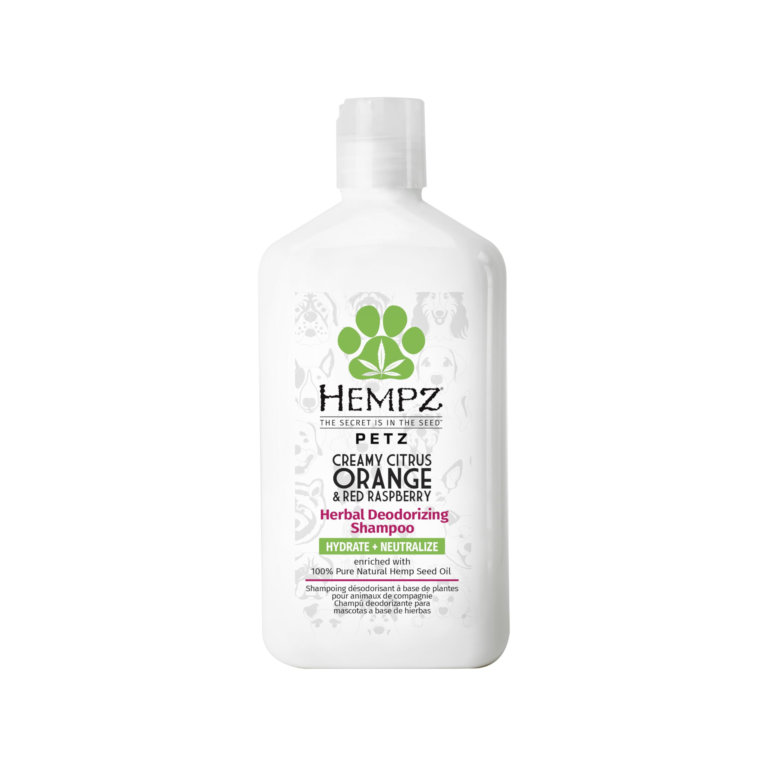 Hempz Petz bouteille de face montrant l'étiquette et l'avantage hydratant
