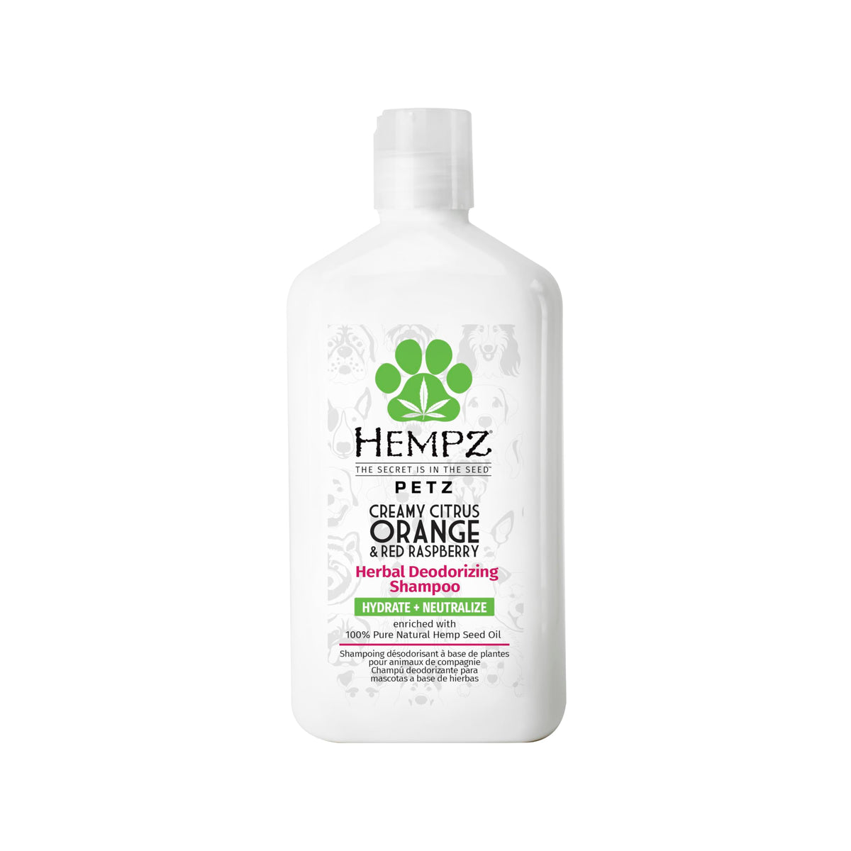 Hempz Petz bouteille de face montrant l'étiquette et l'avantage hydratant