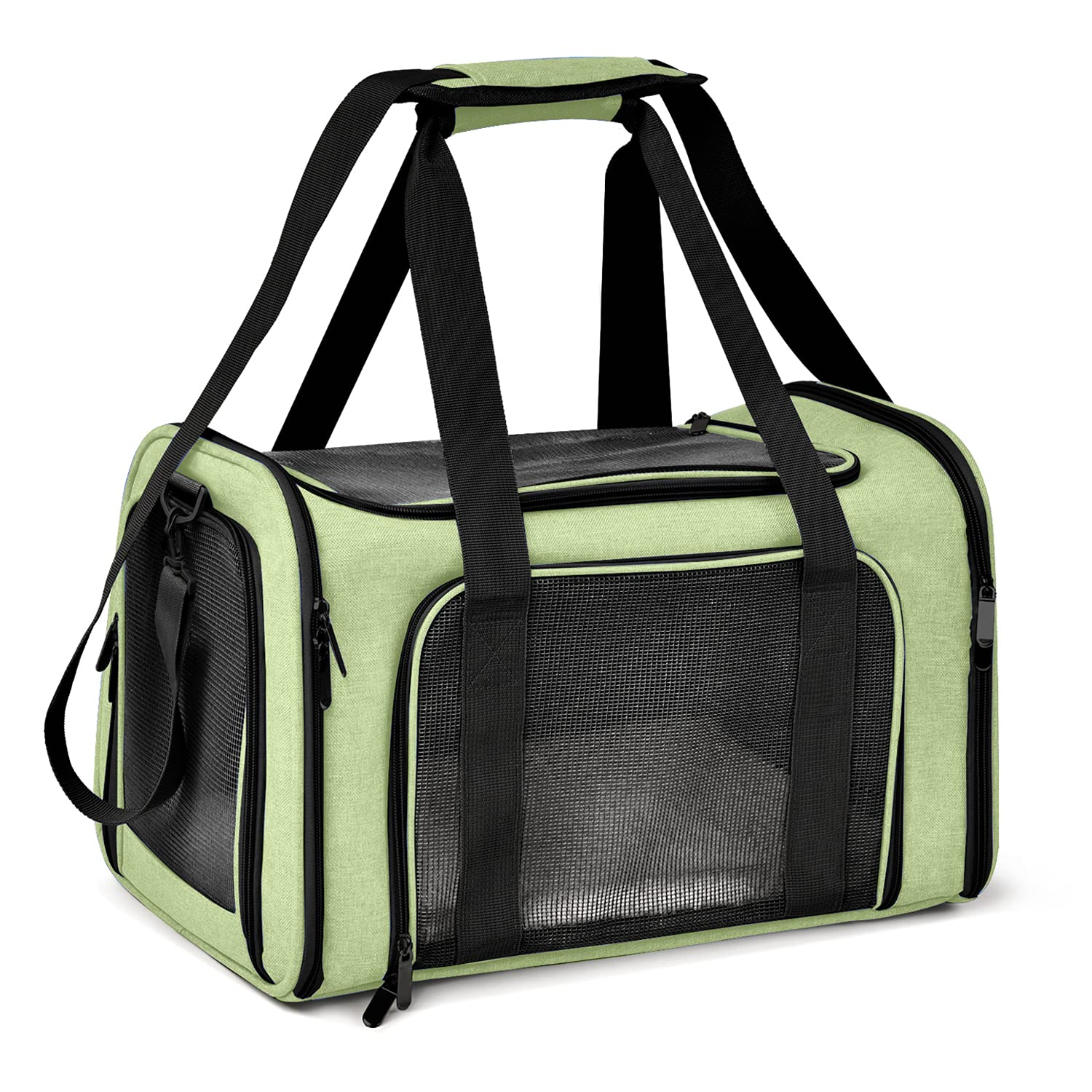 Henkelion vue face du sac de transport vert montrant la structure et l'ouverture pour confort