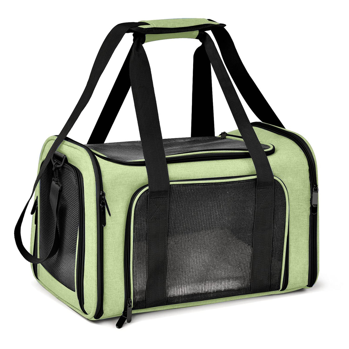 Henkelion vue face du sac de transport vert montrant la structure et l'ouverture pour confort
