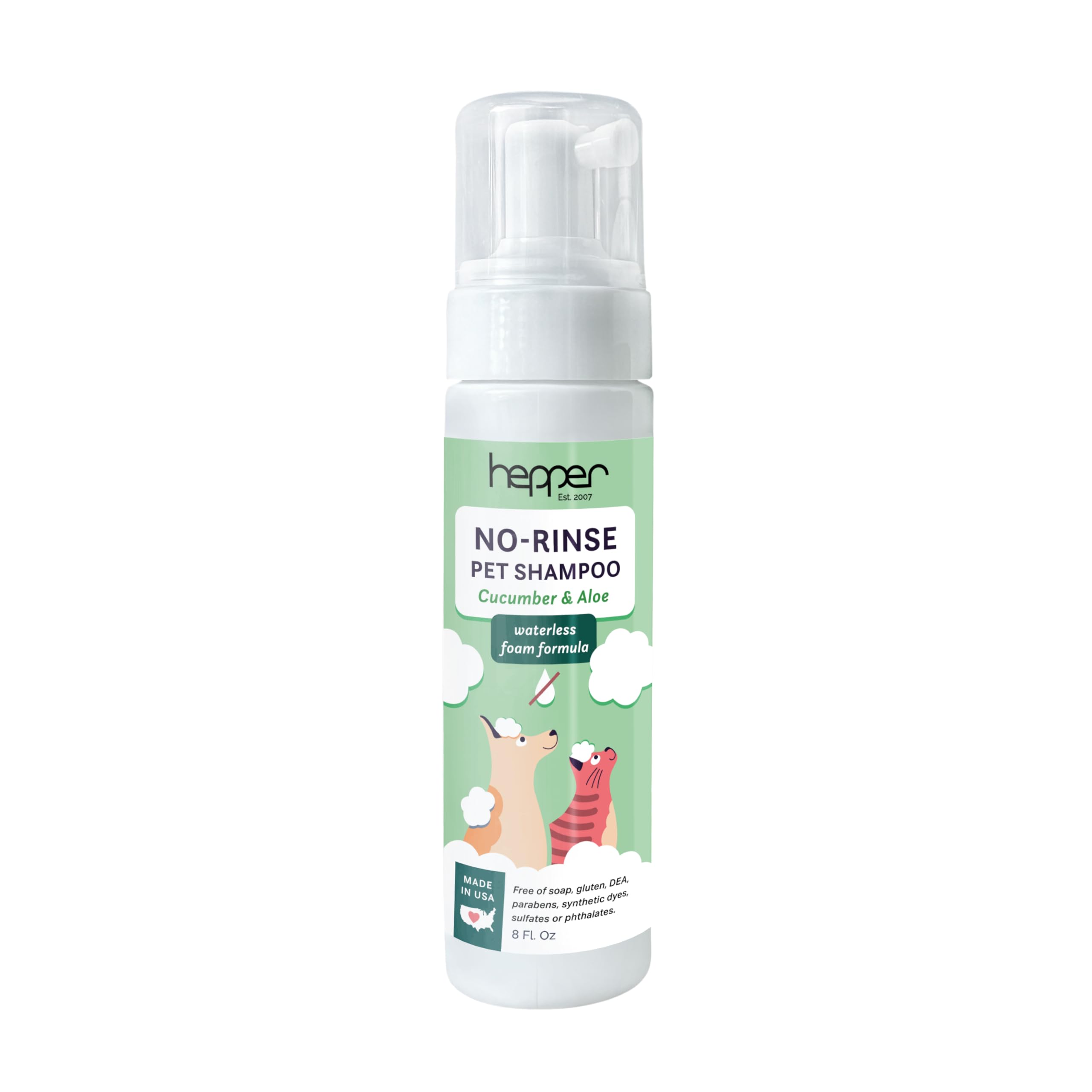Hepper packaging avant montrant flacon 8oz et bénéfice nettoyage rapide