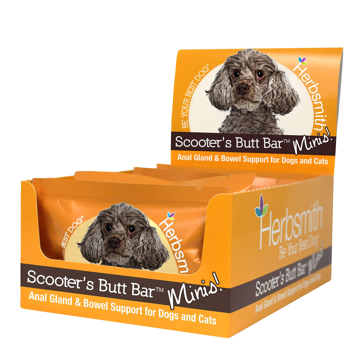 Herbsmith emballage avant des Scooter’s Butt Bars montrant le produit et bénéfice digestif