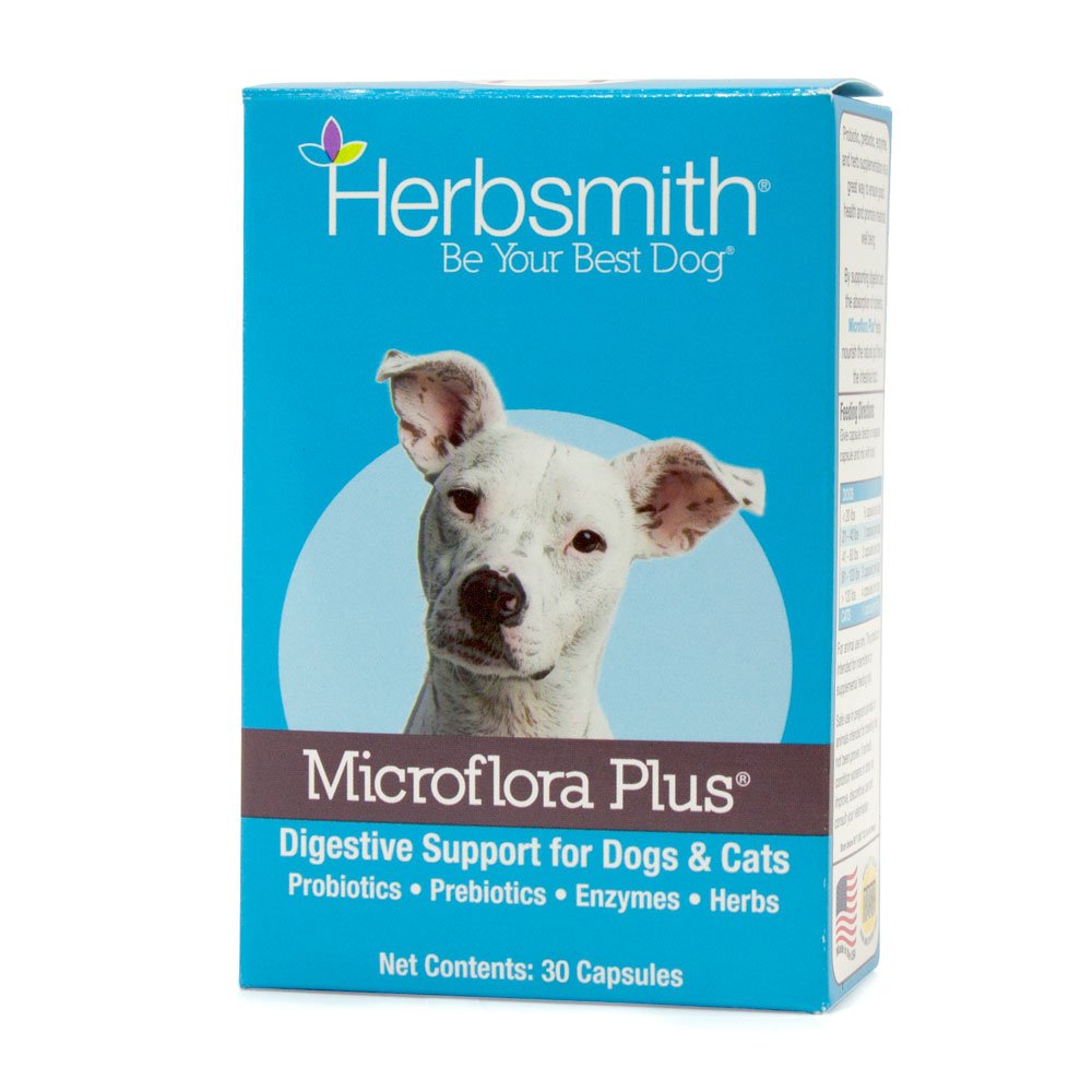 Herbsmith emballage avant montrant Microflora Plus, soutien digestif visible