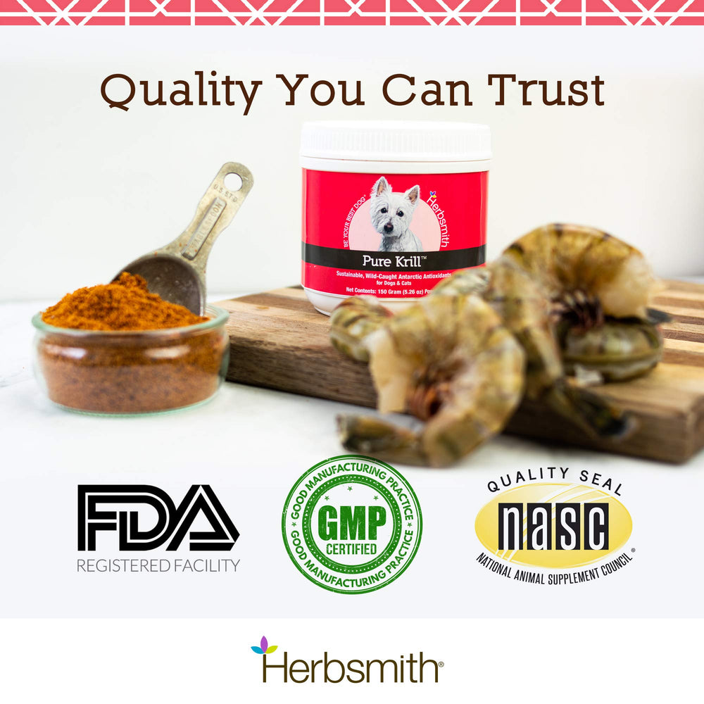 Étiquette Herbsmith Pure Krill affichant ingrédients, provenance et conformité GMP