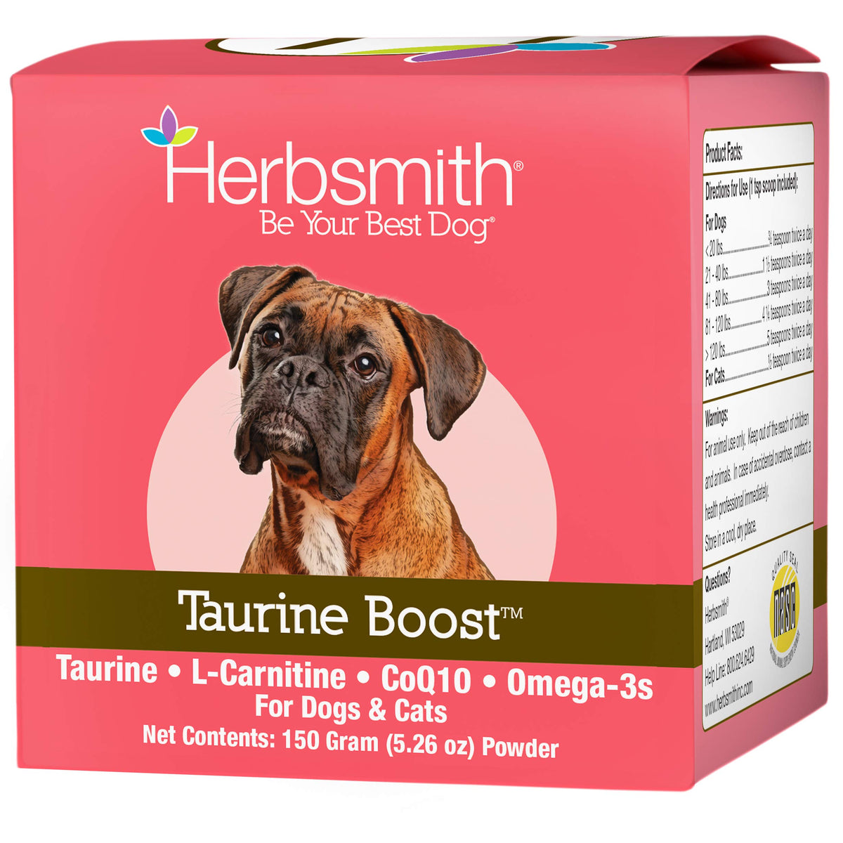 Herbsmith pot Taurine Boost vu de face montrant l'emballage et la dose recommandée