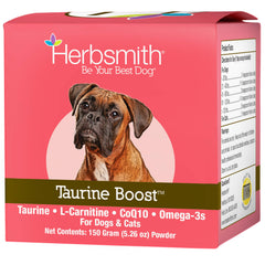 Herbsmith pot Taurine Boost vu de face montrant l'emballage et la dose recommandée
