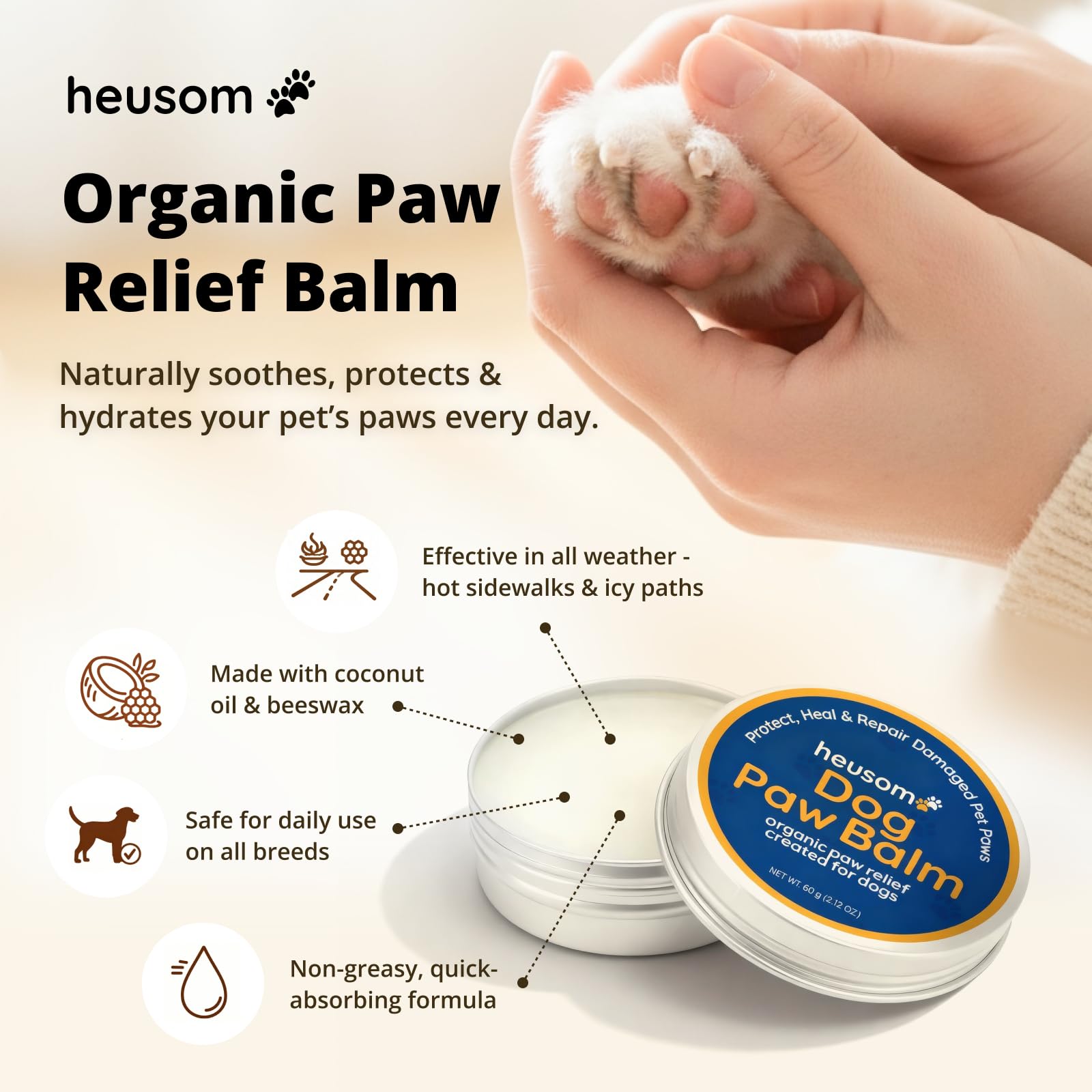Heusom pot ouvert montrant la texture légère et absorption rapide