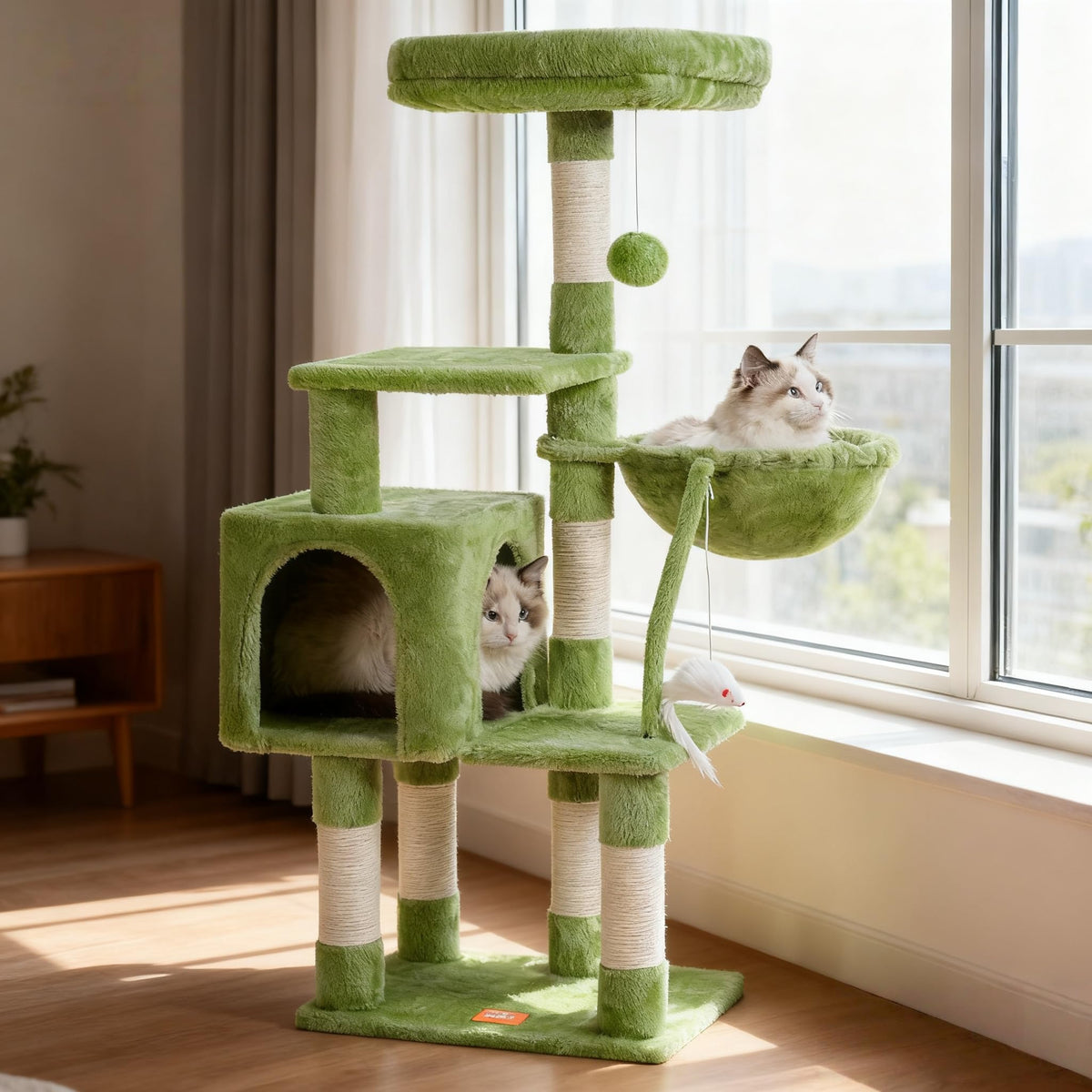 Heybly vue frontale de l'arbre à chat montrant niveaux et design compact pour gain d'espace