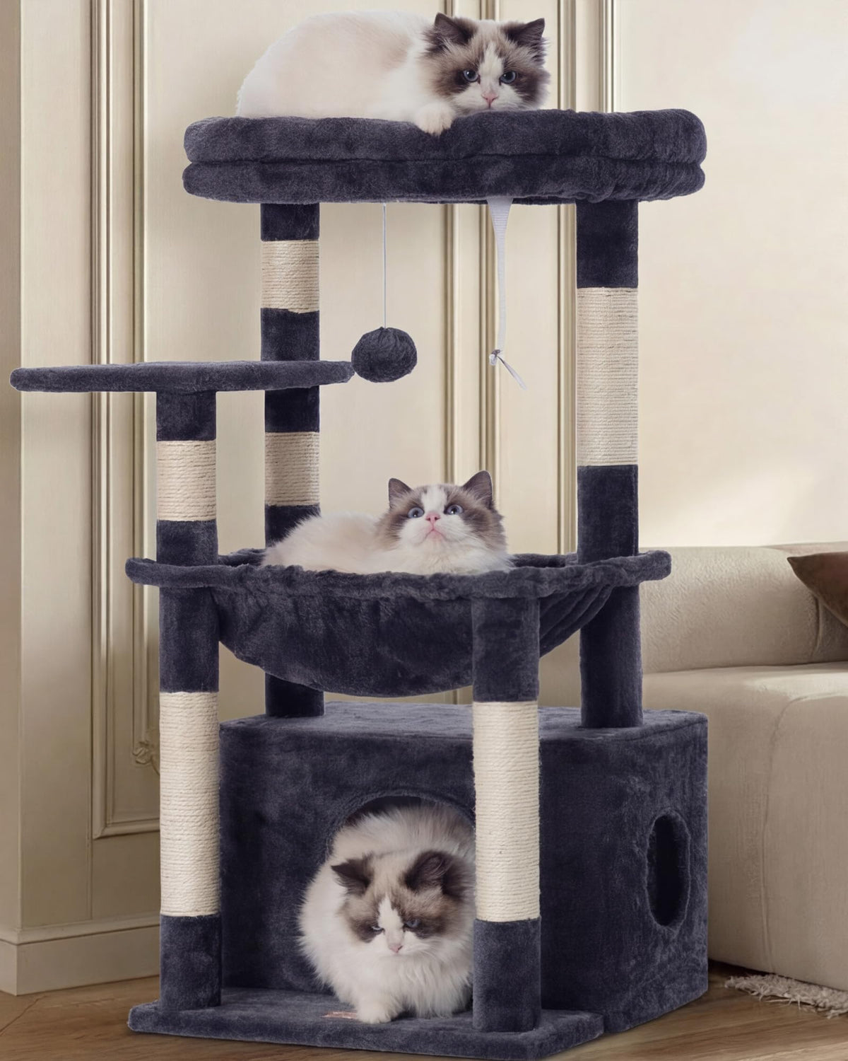 Heybly emballage arbre à chat montrant contenu et gain de place