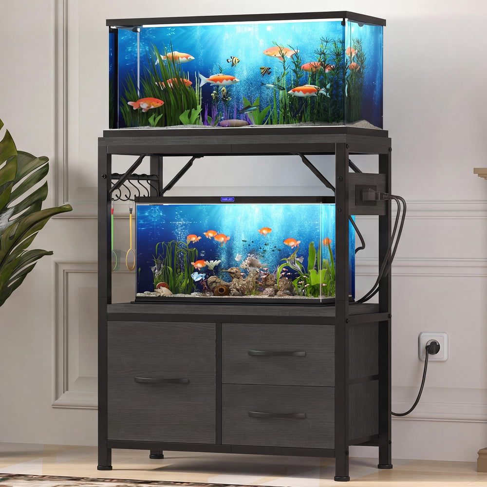 Heybly vue de face du meuble aquarium montrant rangement organisé