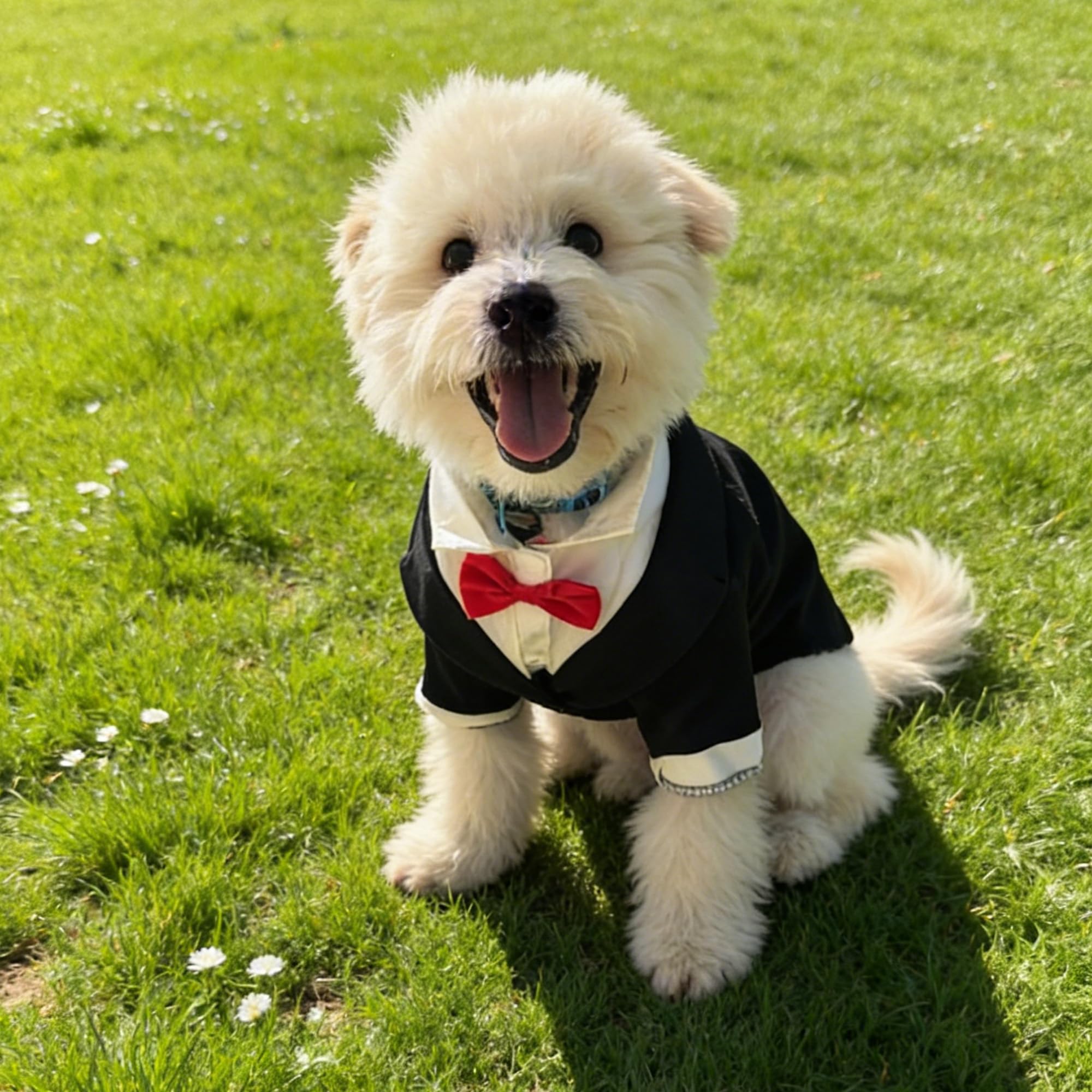 HGJLM chien en smoking lors d'une fête mettant en valeur l'apparence
