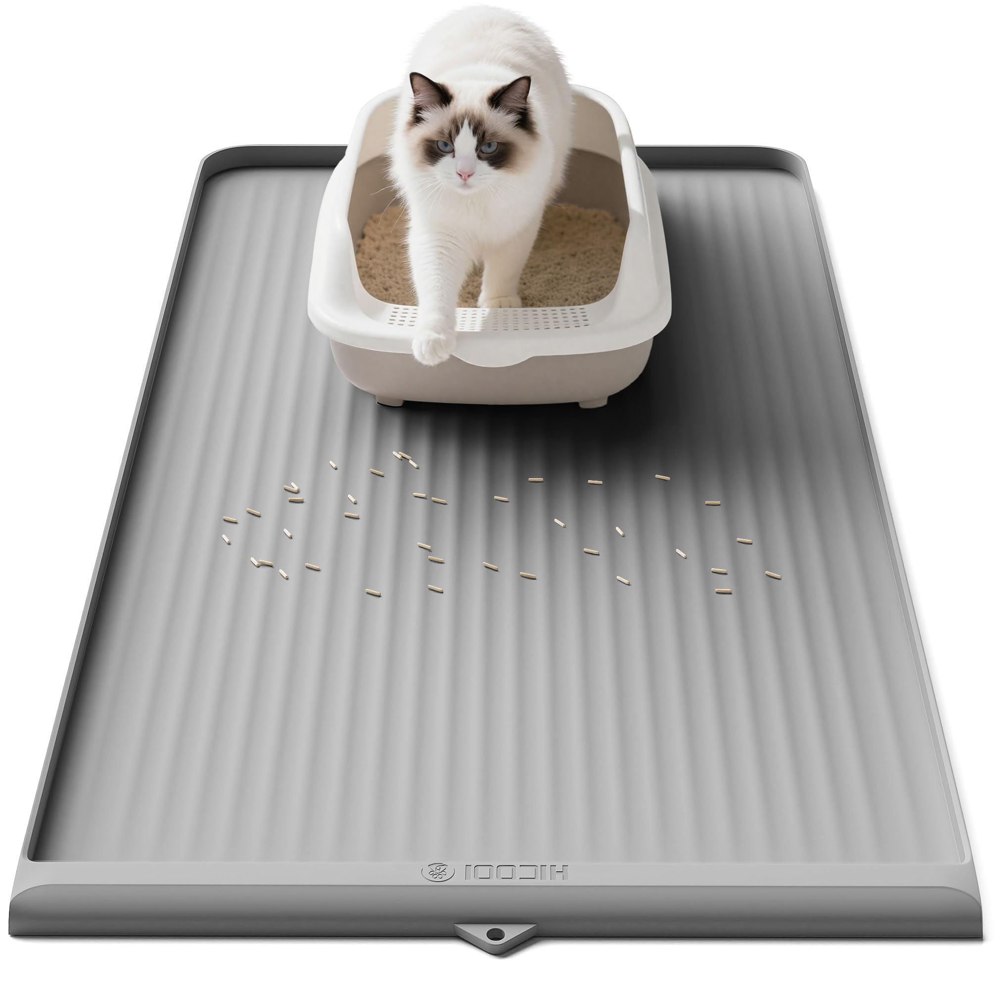 HICOOI vue avant du tapis gris montrant la surface et la zone de capture de litière