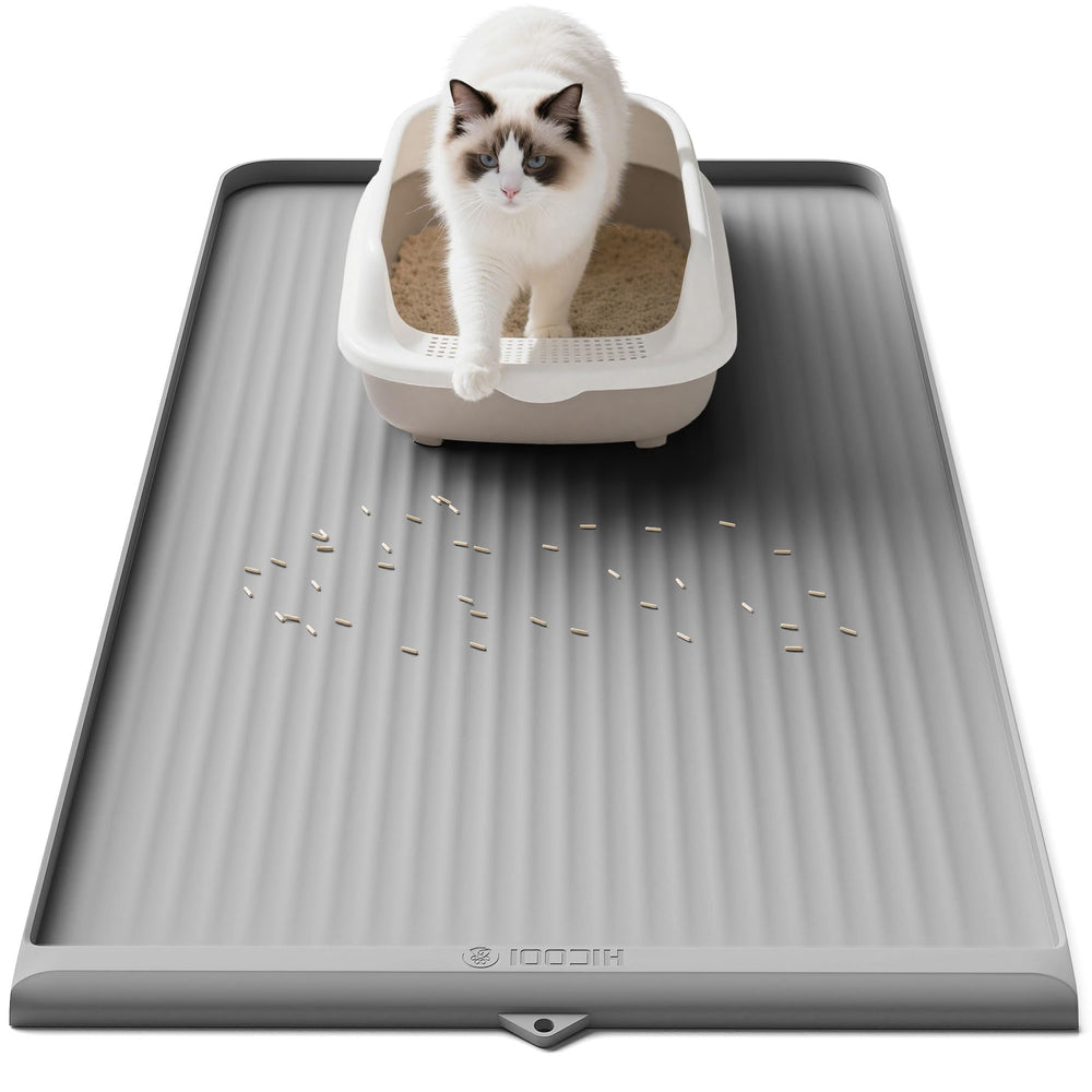 HICOOI vue avant du tapis gris montrant la surface et la zone de capture de litière