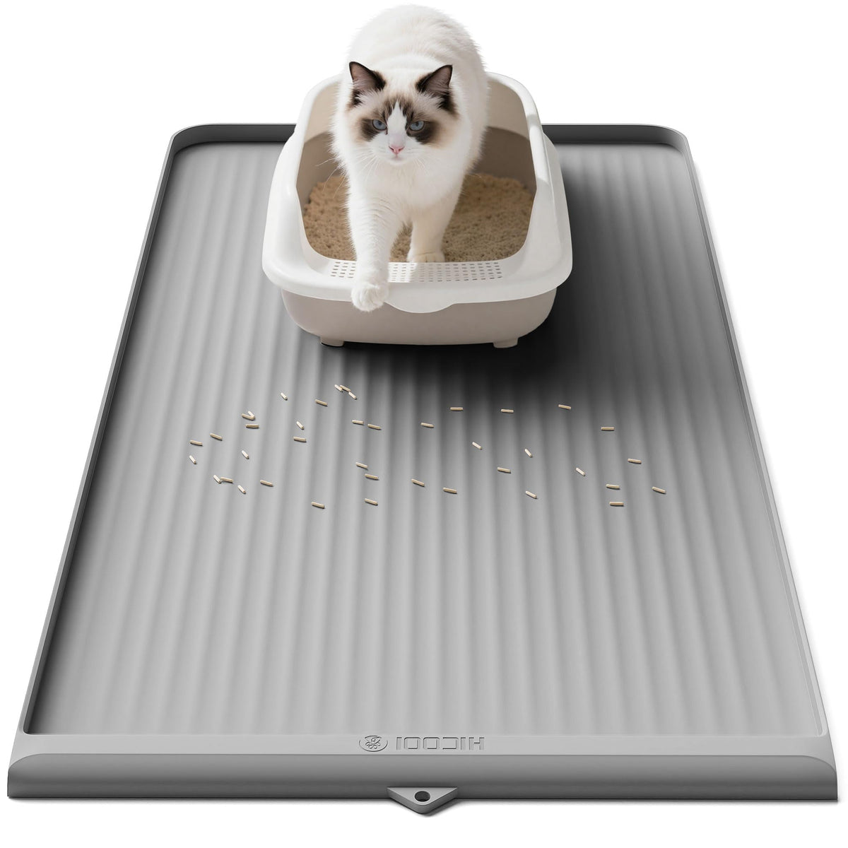 HICOOI vue avant du tapis gris montrant la surface et la zone de capture de litière