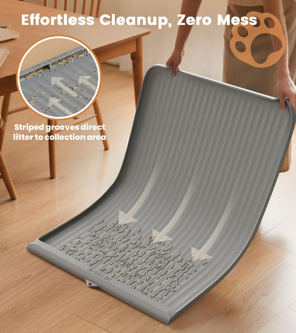 HICOOI gros plan sur les rainures du tapis pour retenir efficacement la litière