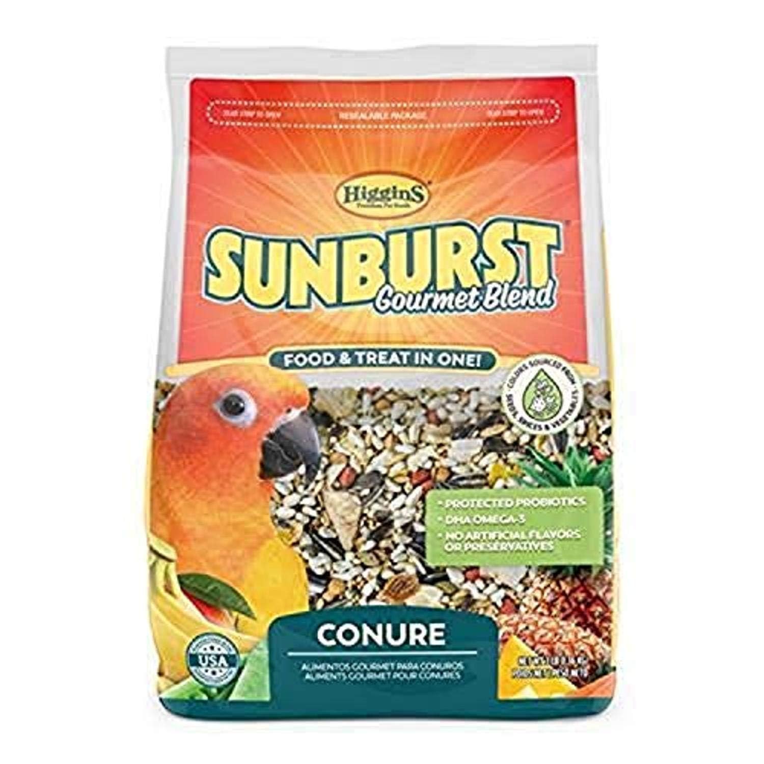Higgins emballage Sunburst 3 lb montrant l'étiquette et bénéfices nutritionnels