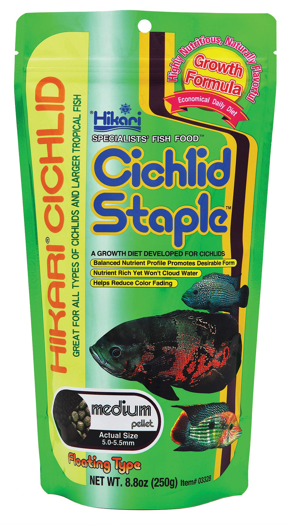 Hikari emballage avant Cichlid Staple montrant le bénéfice d'une alimentation quotidienne claire