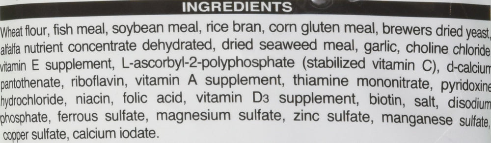 Hikari étiquette nutritionnelle détaillée montrant la vitamine C stabilisée et composition