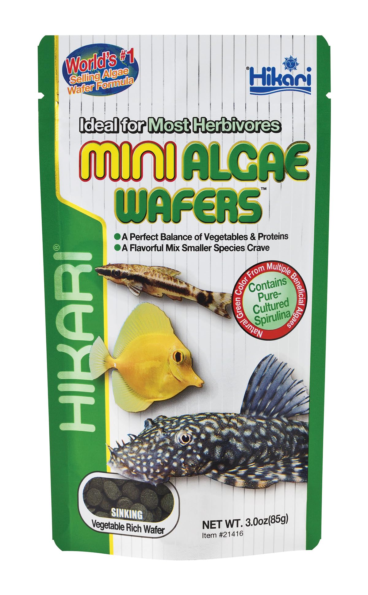 Hikari emballage des Mini Algae Wafers montrant le format 85g et avantage pratique