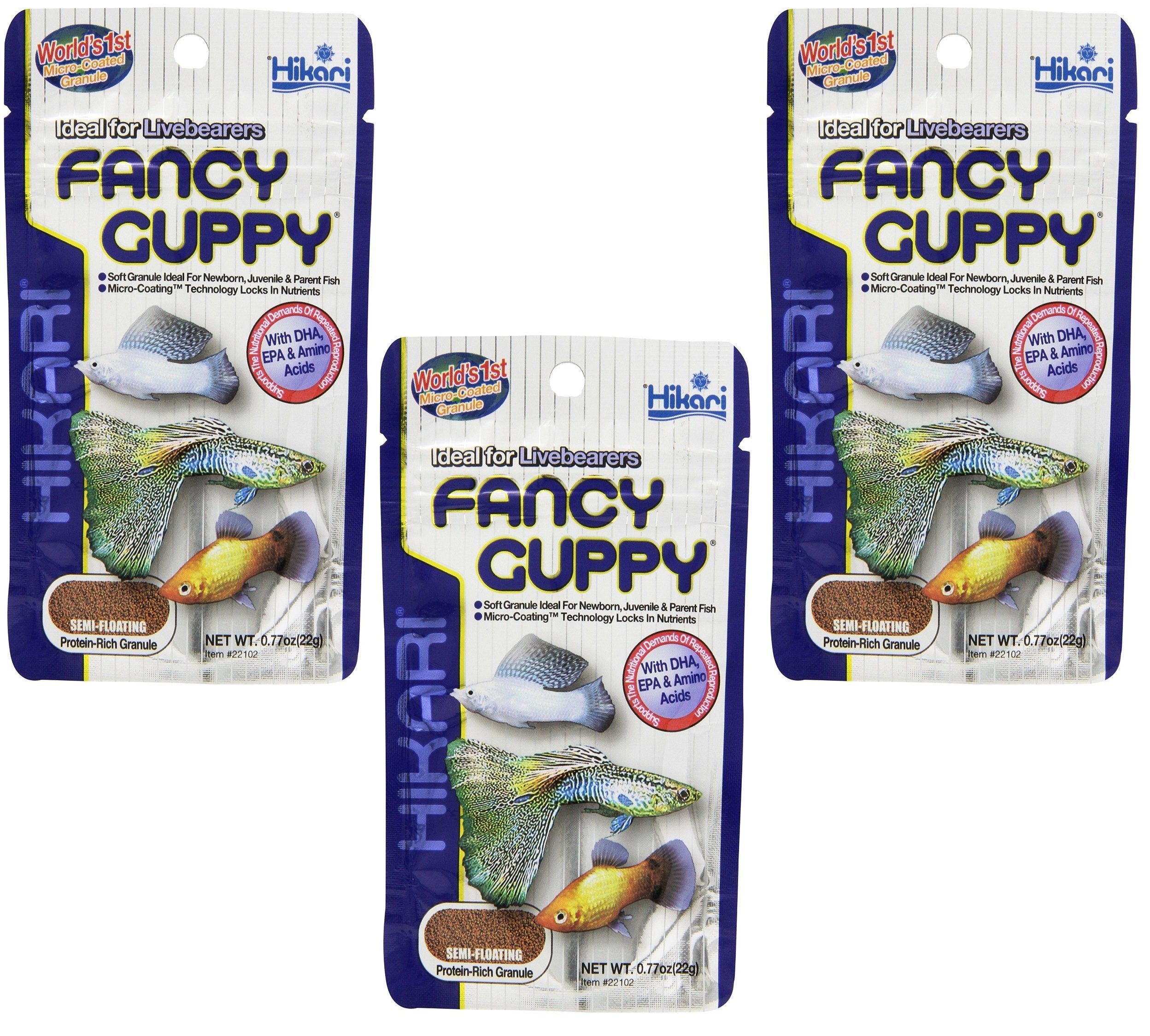 Hikari sachet avant d'emballage montrant granulés et praticité pour santé des guppys