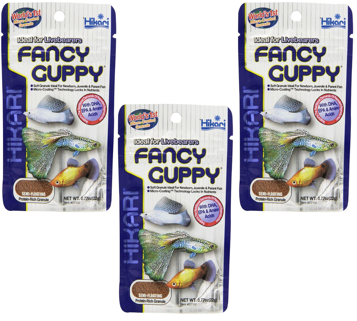 Hikari sachet avant d'emballage montrant granulés et praticité pour santé des guppys