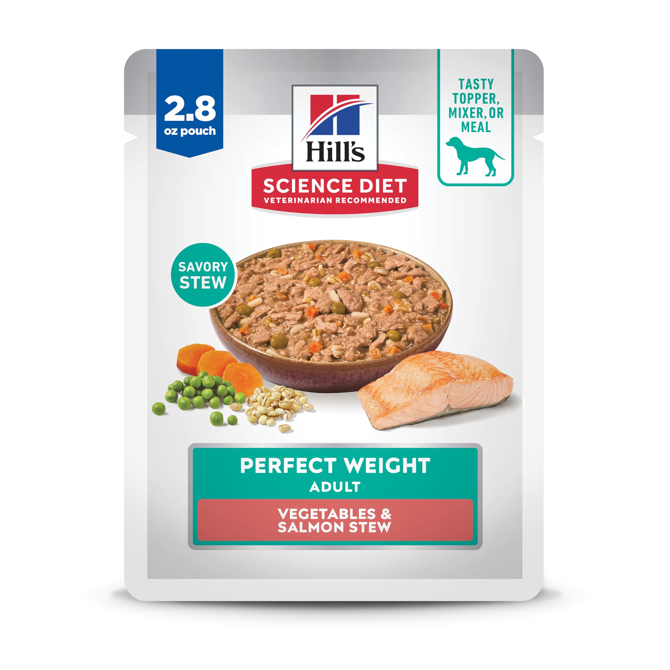 Hill's boîte frontale montrant la recette Saumon & Légumes et bénéfice gestion du poids