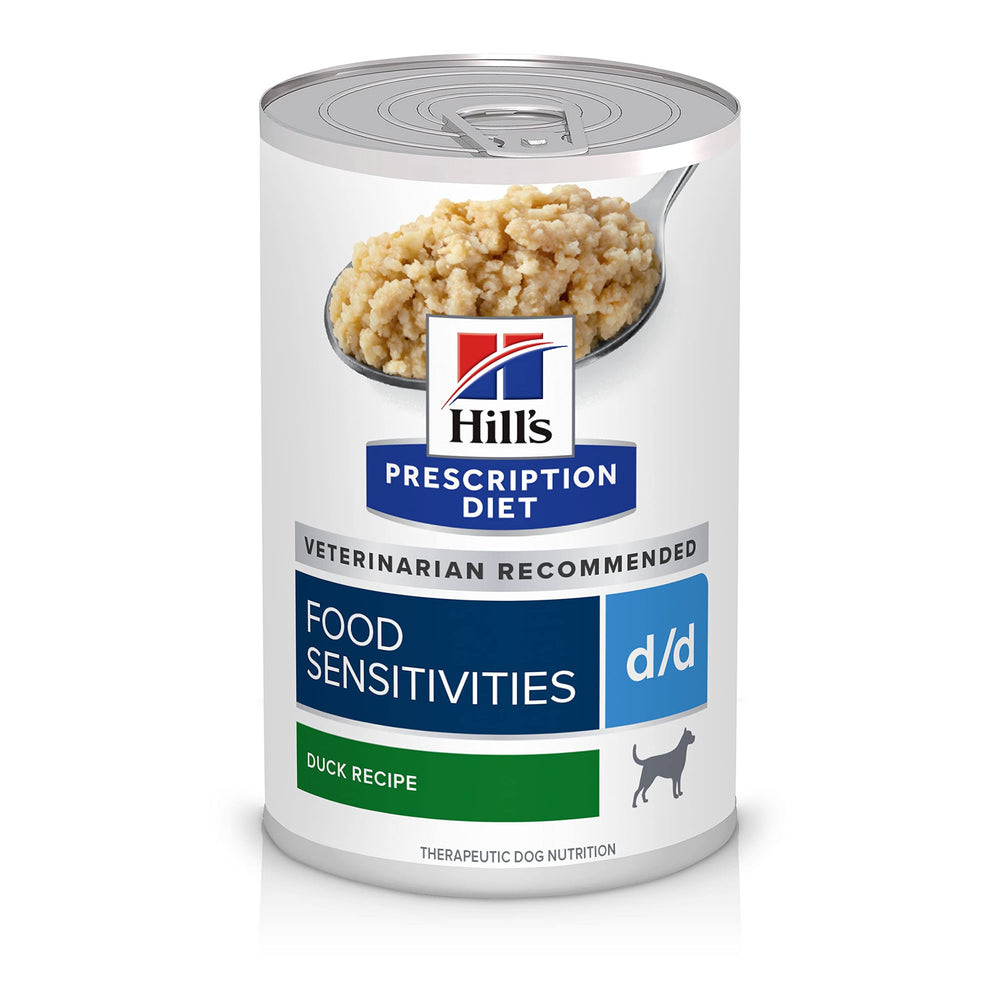 Hill's Prescription Diet d/d boîte face montrant la formule canard et bénéfice anti‑sensibilités