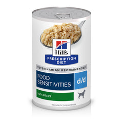 Hill's Prescription Diet d/d boîte face montrant la formule canard et bénéfice anti‑sensibilités