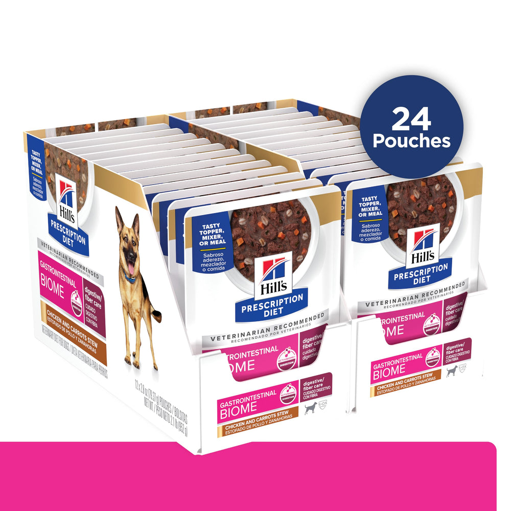 Hill's Prescription Diet gros plan sur la texture de la pâtée et avantage fibres équilibrées
