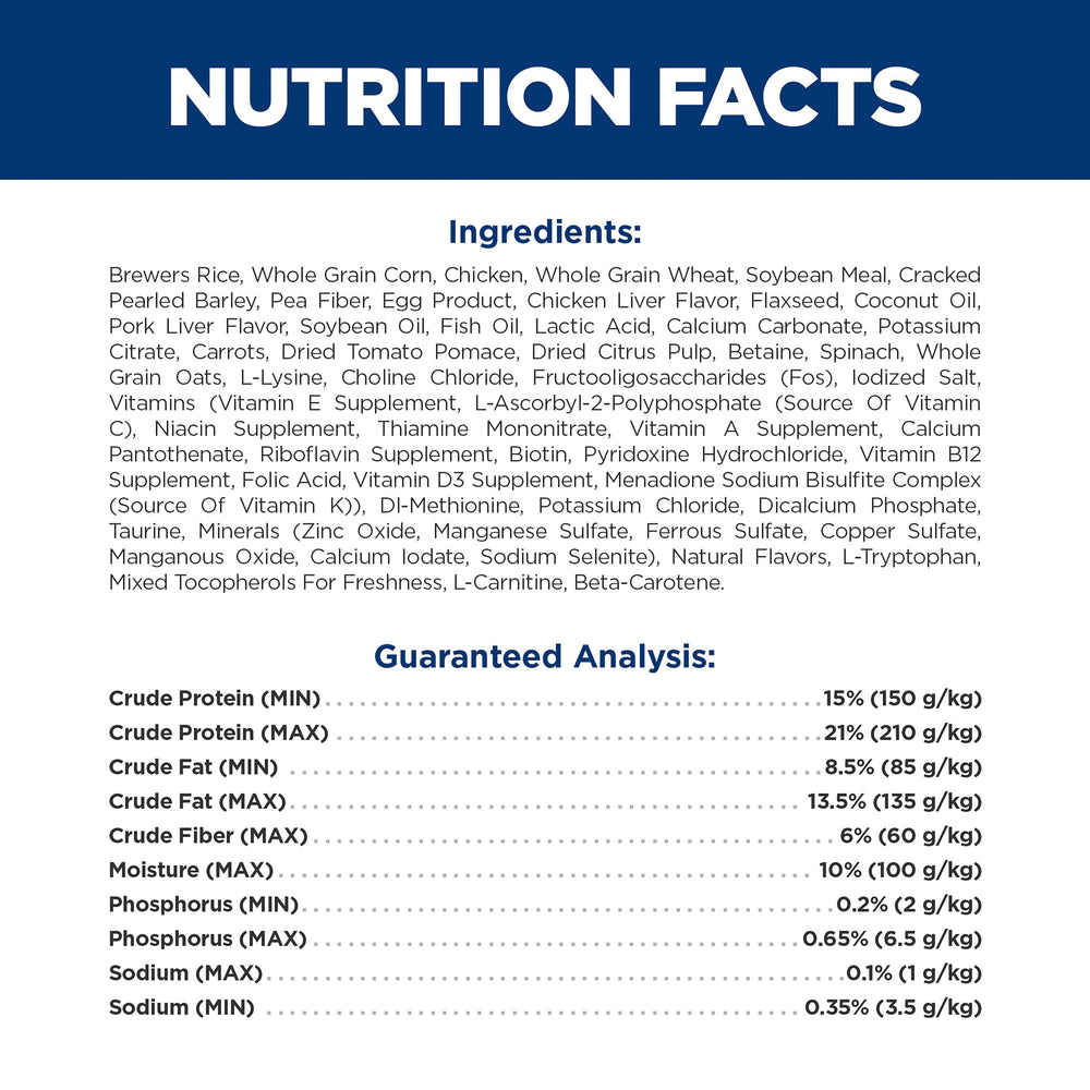 HILL'S PRESCRIPTION DIET verso d'emballage affichant informations cliniques et composition