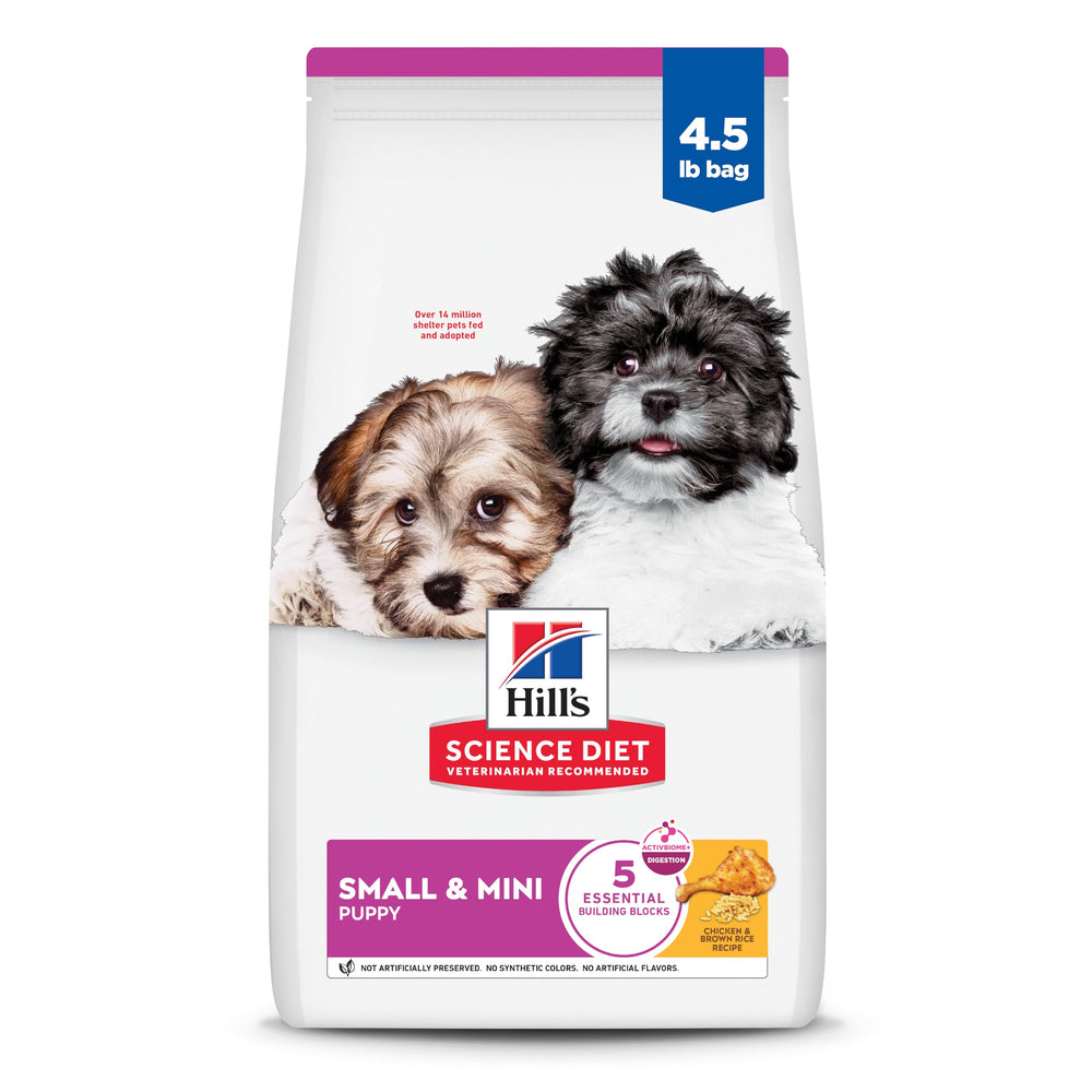 Hill's Science Diet emballage face montrant la recette pour chiots petites races et bénéfice nutritionnel