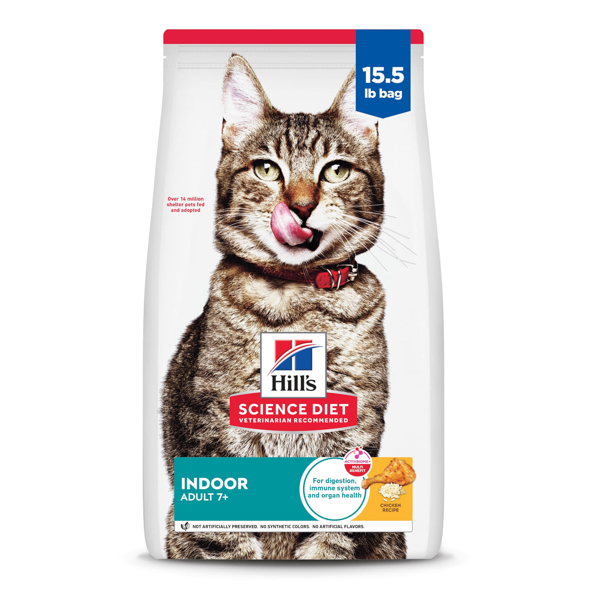 Hill's Science Diet paquet devant montrant recette pour chats seniors et bénéfice digestif